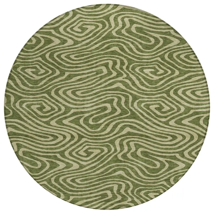 8' Olive Green And Light Green Round Abstract Washable Indoor Outdoor Area Rug