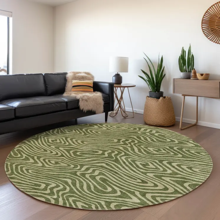 8' Olive Green And Light Green Round Abstract Washable Indoor Outdoor Area Rug