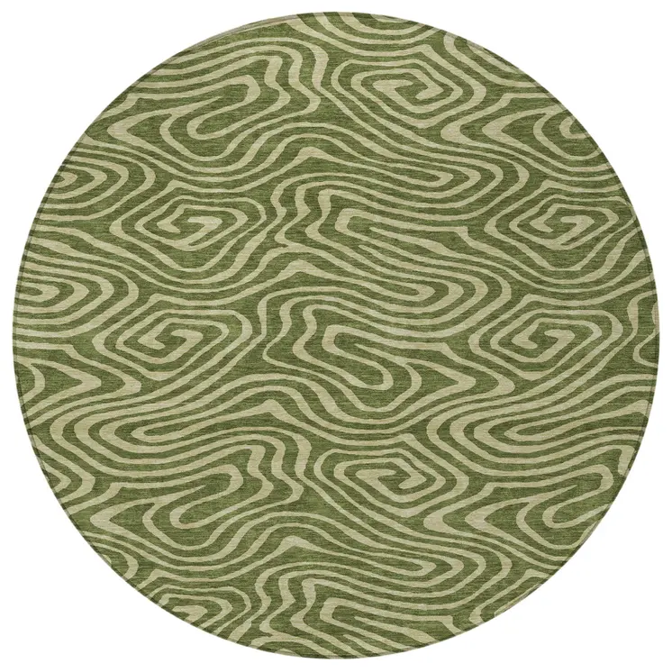 8' Olive Green And Light Green Round Abstract Washable Indoor Outdoor Area Rug