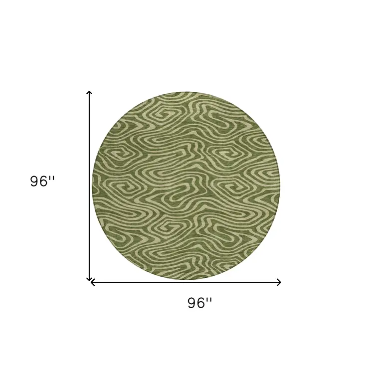 8' Olive Green And Light Green Round Abstract Washable Indoor Outdoor Area Rug