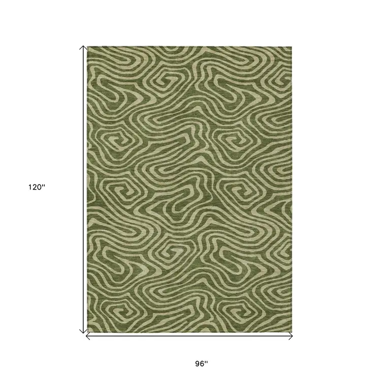 8' X 10' Olive Green And Light Green Abstract Washable Indoor Outdoor Area Rug