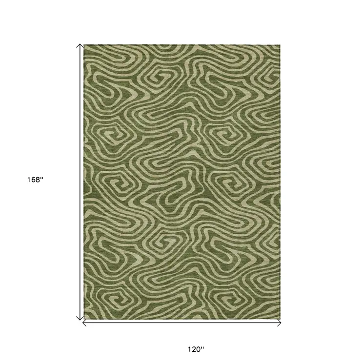 10' X 14' Olive Green And Light Green Abstract Washable Indoor Outdoor Area Rug