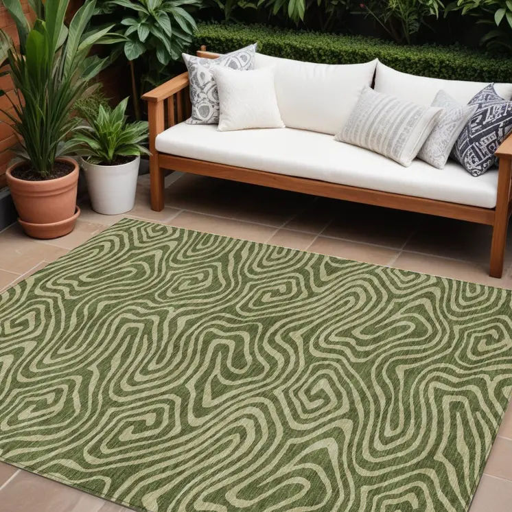 10' X 14' Olive Green And Light Green Abstract Washable Indoor Outdoor Area Rug