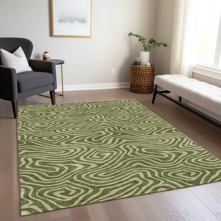 10' X 14' Olive Green And Light Green Abstract Washable Indoor Outdoor Area Rug