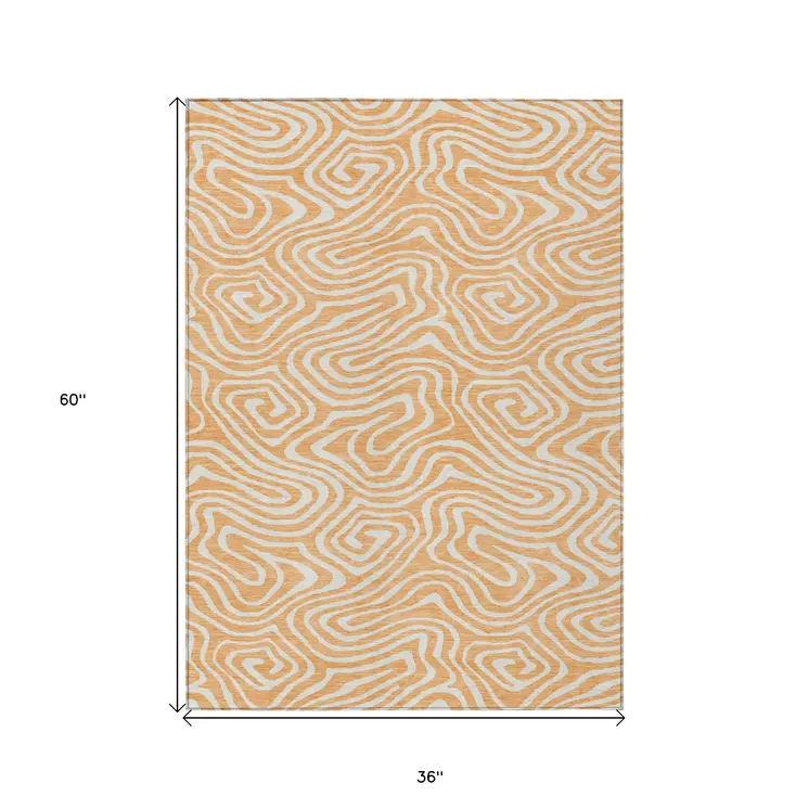 3' X 5' Peach And Ivory Abstract Washable Indoor Outdoor Area Rug