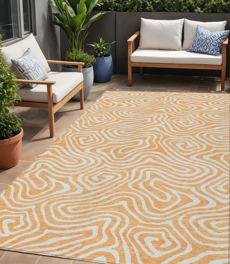 5' X 8' Peach And Ivory Abstract Washable Indoor Outdoor Area Rug