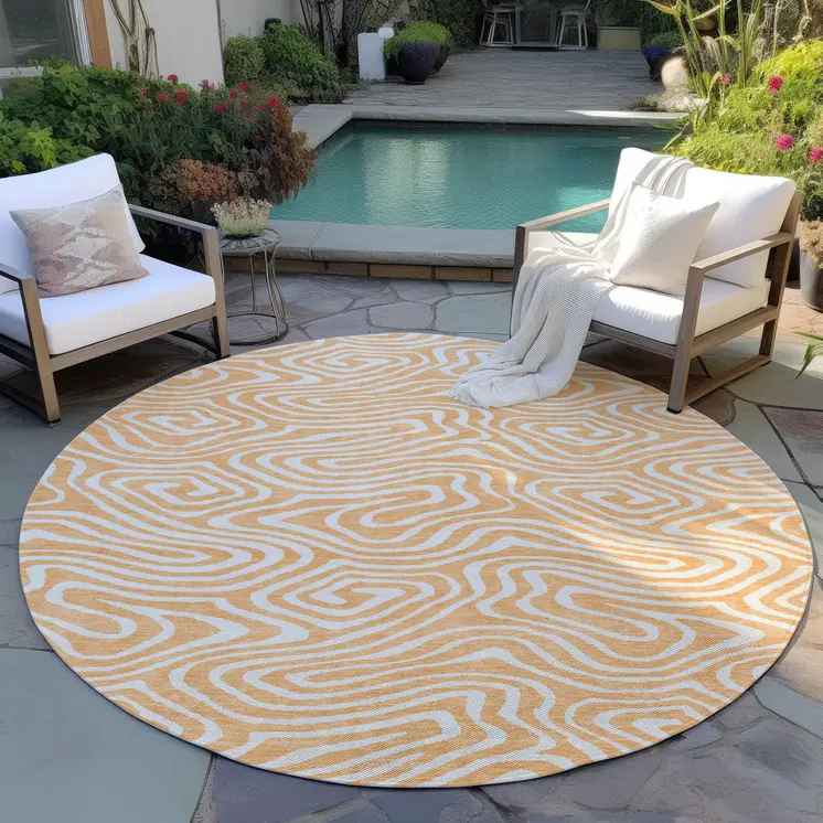 8' Peach And Ivory Round Abstract Washable Indoor Outdoor Area Rug