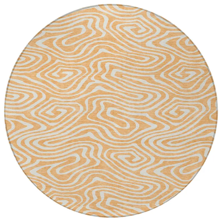 8' Peach And Ivory Round Abstract Washable Indoor Outdoor Area Rug