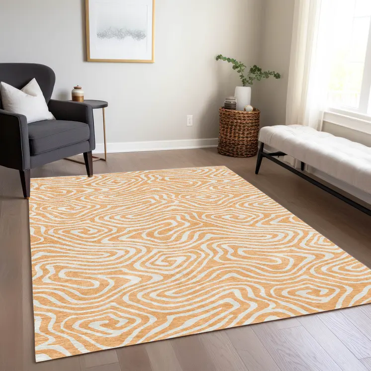 9' X 12' Peach And Ivory Abstract Washable Indoor Outdoor Area Rug