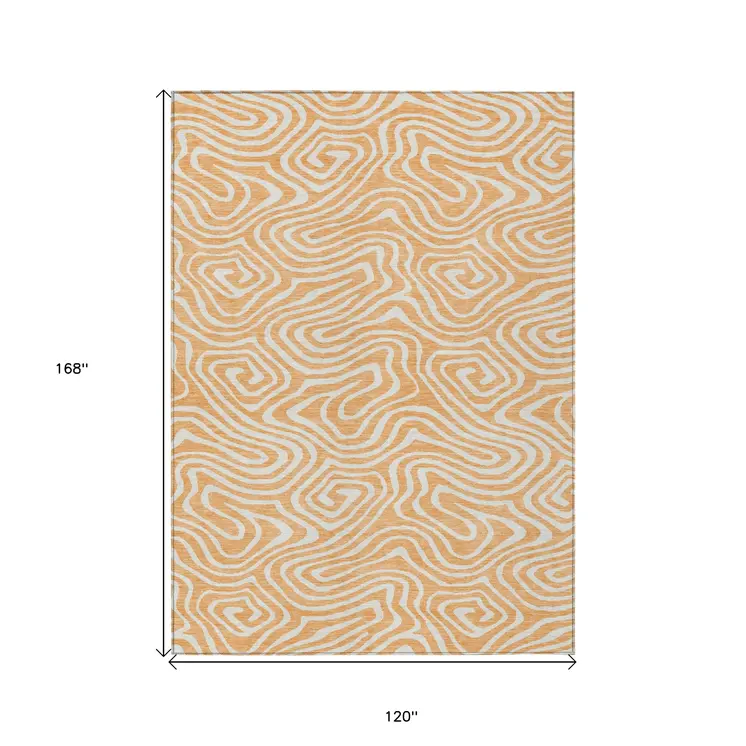 10' X 14' Peach And Ivory Abstract Washable Indoor Outdoor Area Rug