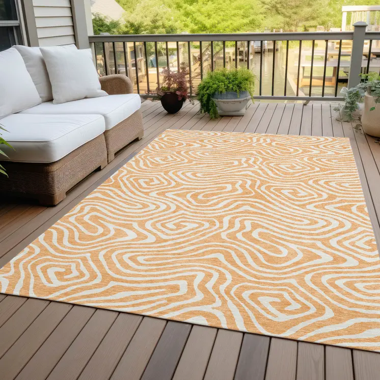 10' X 14' Peach And Ivory Abstract Washable Indoor Outdoor Area Rug