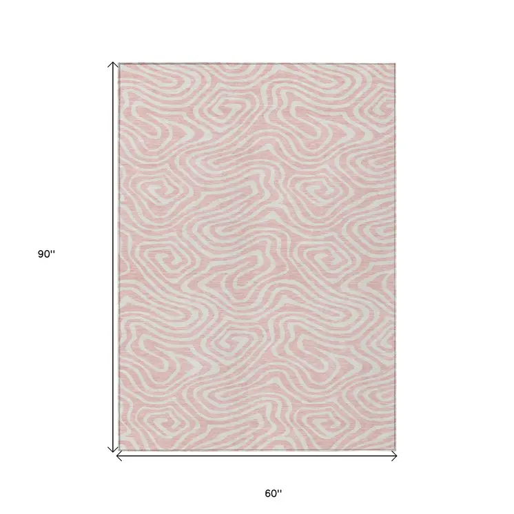 5' X 8' Pink And Gray Abstract Washable Indoor Outdoor Area Rug