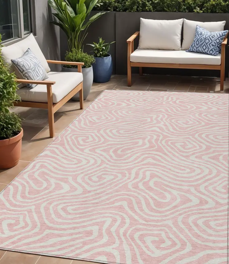 5' X 8' Pink And Gray Abstract Washable Indoor Outdoor Area Rug