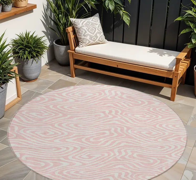 8' Pink And Gray Round Abstract Washable Indoor Outdoor Area Rug