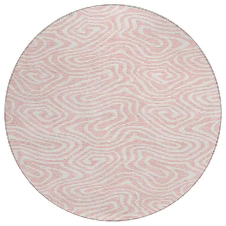 8' Pink And Gray Round Abstract Washable Indoor Outdoor Area Rug