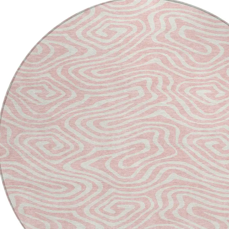 8' Pink And Gray Round Abstract Washable Indoor Outdoor Area Rug