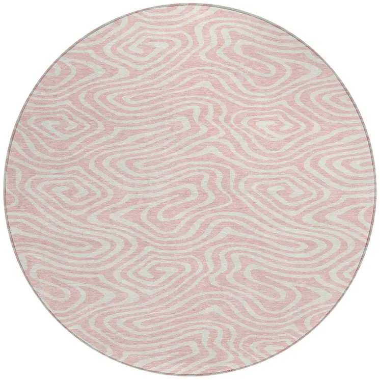 8' Pink And Gray Round Abstract Washable Indoor Outdoor Area Rug