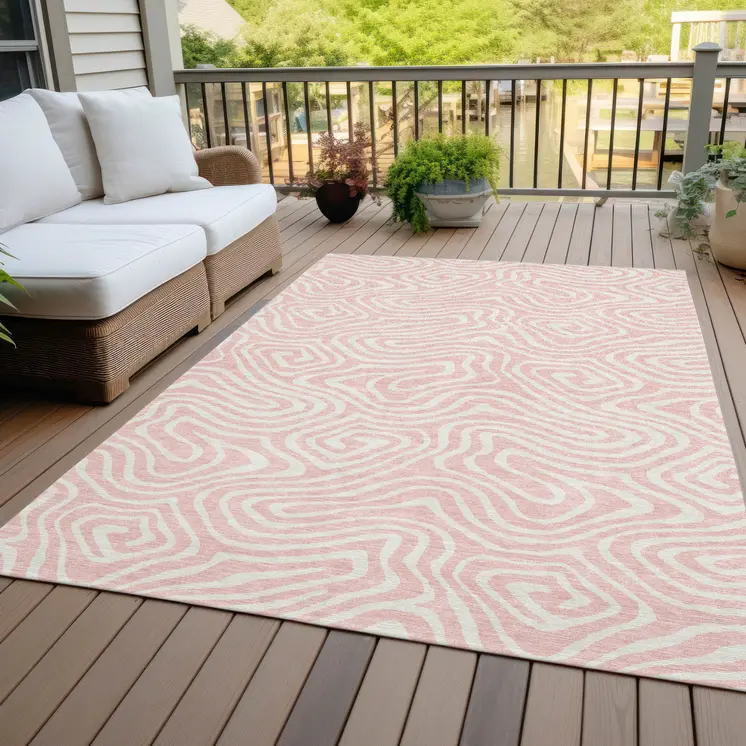 8' X 10' Pink And Gray Abstract Washable Indoor Outdoor Area Rug