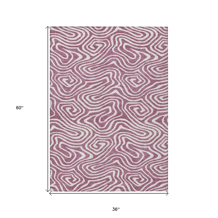 3' X 5' Plum And Ivory Abstract Washable Indoor Outdoor Area Rug