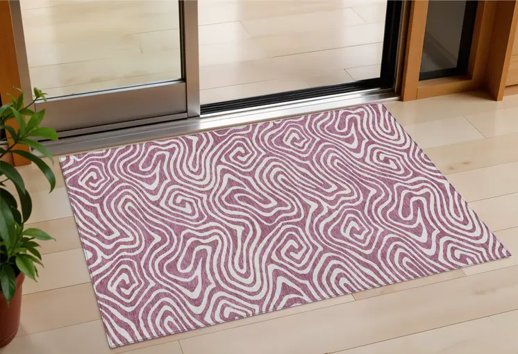 3' X 5' Plum And Ivory Abstract Washable Indoor Outdoor Area Rug