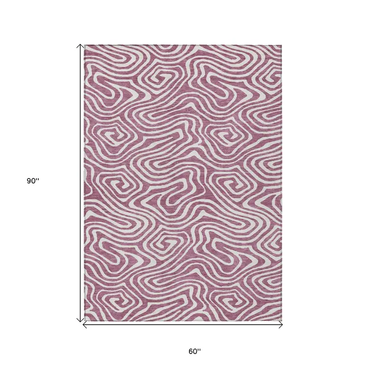 5' X 8' Plum And Ivory Abstract Washable Indoor Outdoor Area Rug