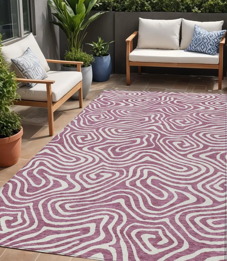 5' X 8' Plum And Ivory Abstract Washable Indoor Outdoor Area Rug