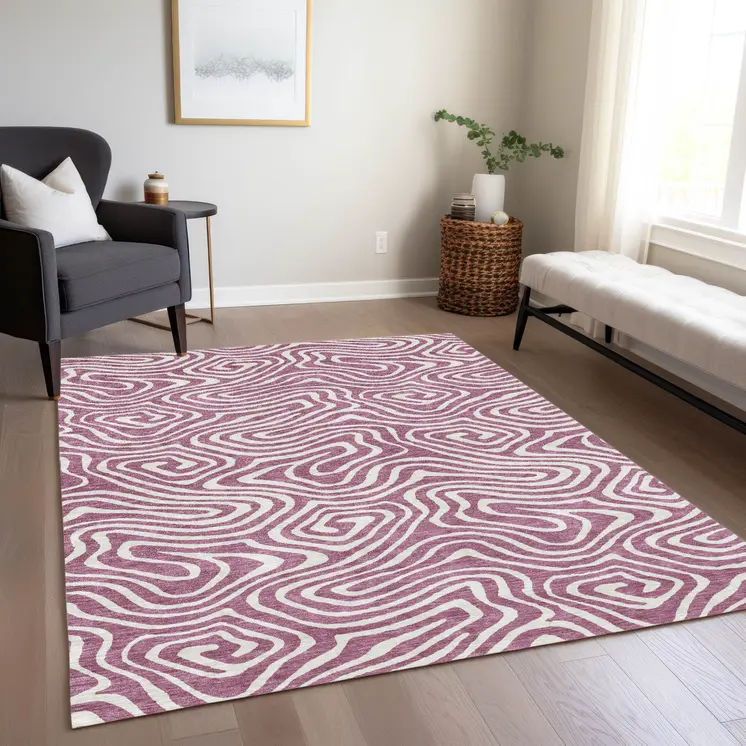 5' X 8' Plum And Ivory Abstract Washable Indoor Outdoor Area Rug