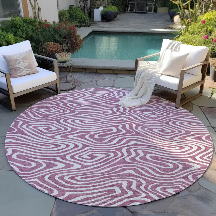 8' Plum And Ivory Round Abstract Washable Indoor Outdoor Area Rug