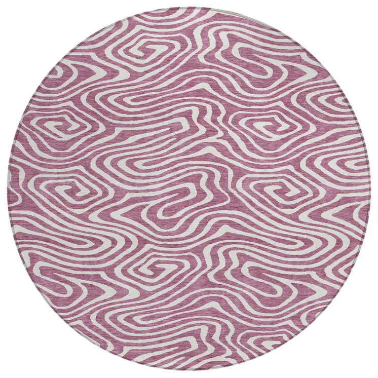 8' Plum And Ivory Round Abstract Washable Indoor Outdoor Area Rug