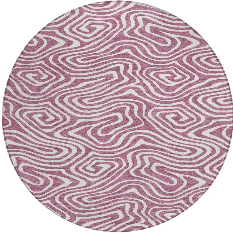 8' Plum And Ivory Round Abstract Washable Indoor Outdoor Area Rug