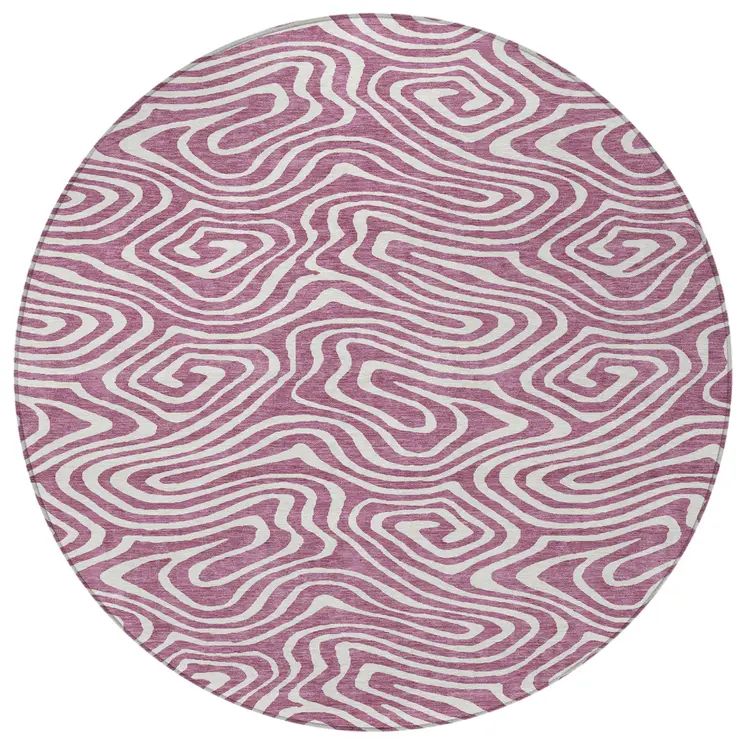 8' Plum And Ivory Round Abstract Washable Indoor Outdoor Area Rug