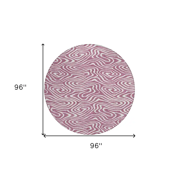 8' Plum And Ivory Round Abstract Washable Indoor Outdoor Area Rug