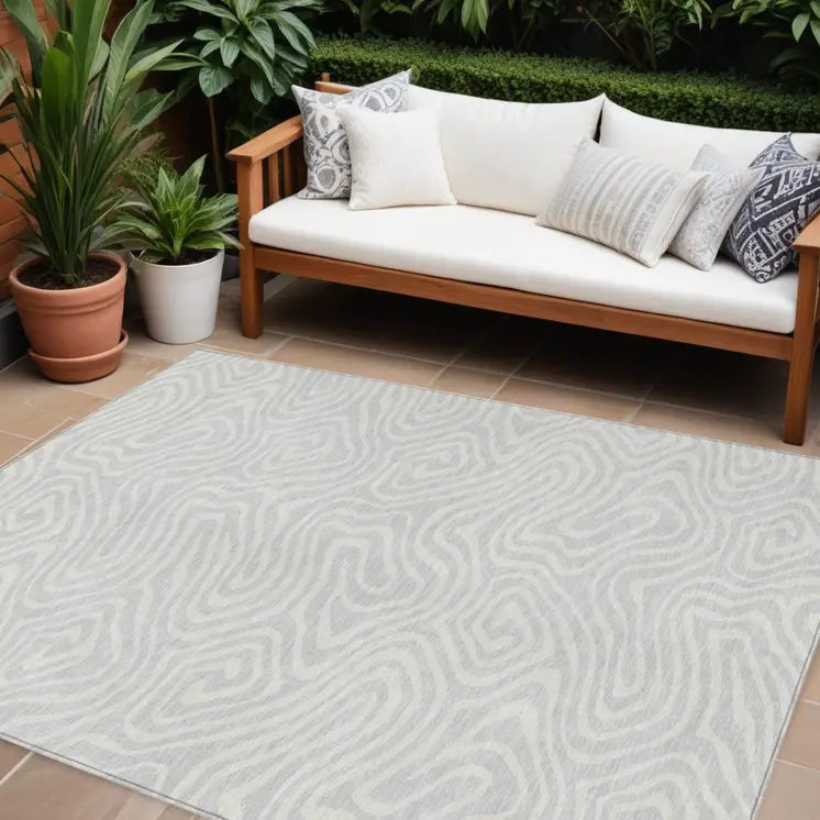 8' X 10' Silver And Gray Abstract Washable Indoor Outdoor Area Rug