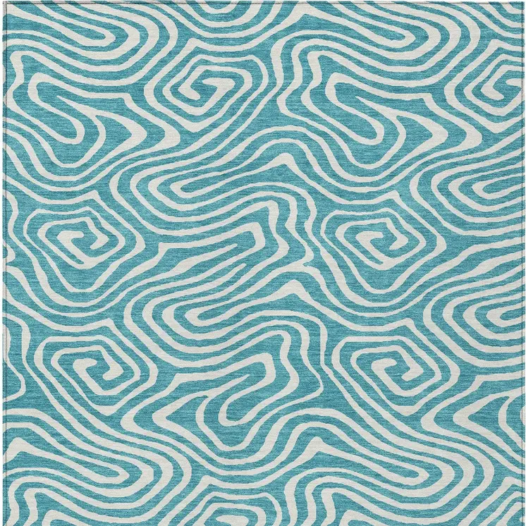 3' X 5' Teal Blue And Ivory Abstract Washable Indoor Outdoor Area Rug