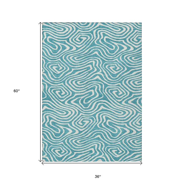 3' X 5' Teal Blue And Ivory Abstract Washable Indoor Outdoor Area Rug