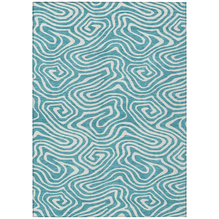 3' X 5' Teal Blue And Ivory Abstract Washable Indoor Outdoor Area Rug