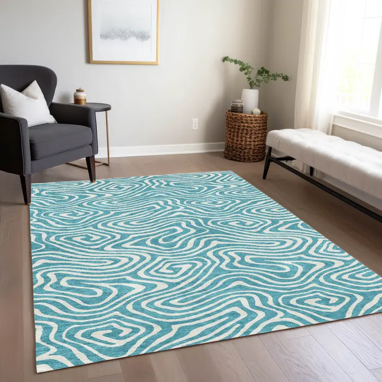 3' X 5' Teal Blue And Ivory Abstract Washable Indoor Outdoor Area Rug