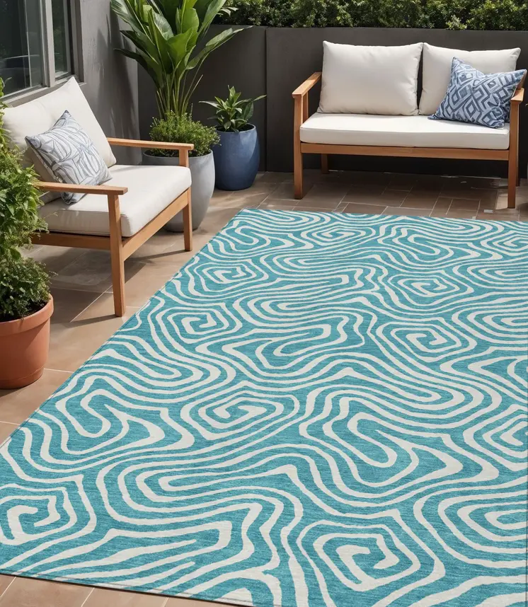5' X 8' Teal Blue And Ivory Abstract Washable Indoor Outdoor Area Rug