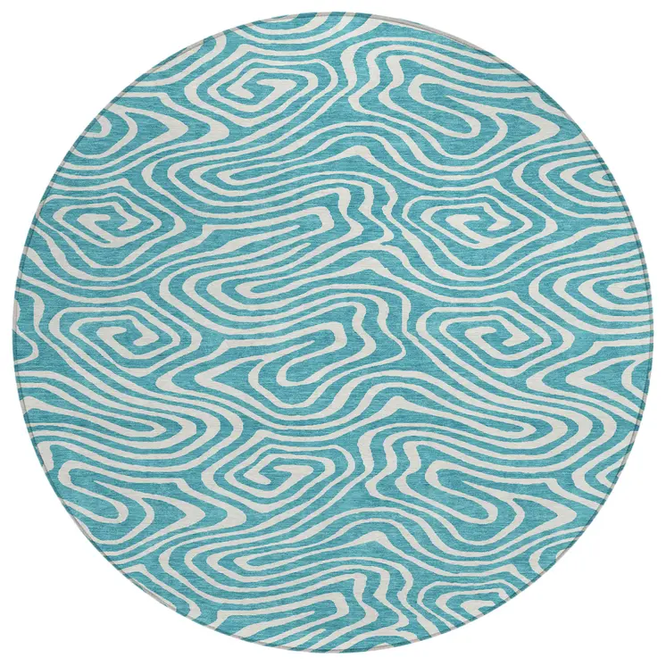 8' Teal Blue And Ivory Round Abstract Washable Indoor Outdoor Area Rug