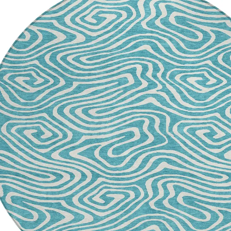8' Teal Blue And Ivory Round Abstract Washable Indoor Outdoor Area Rug