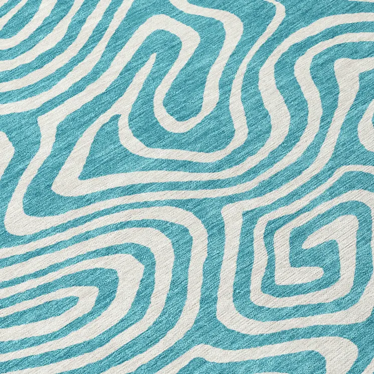 8' Teal Blue And Ivory Round Abstract Washable Indoor Outdoor Area Rug