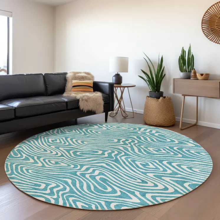 8' Teal Blue And Ivory Round Abstract Washable Indoor Outdoor Area Rug