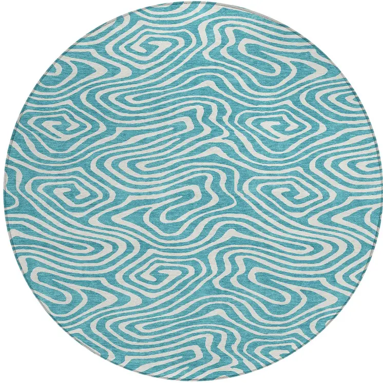 8' Teal Blue And Ivory Round Abstract Washable Indoor Outdoor Area Rug