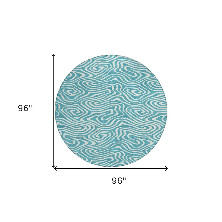 8' Teal Blue And Ivory Round Abstract Washable Indoor Outdoor Area Rug