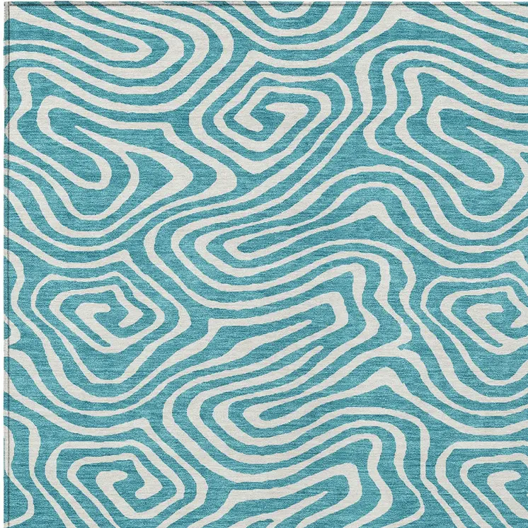 8' X 10' Teal Blue And Ivory Abstract Washable Indoor Outdoor Area Rug
