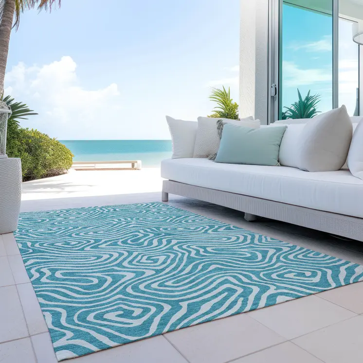 10' X 14' Teal Blue And Ivory Abstract Washable Indoor Outdoor Area Rug