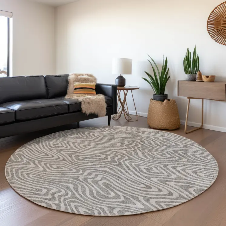 8' Taupe And Gray Round Abstract Washable Indoor Outdoor Area Rug