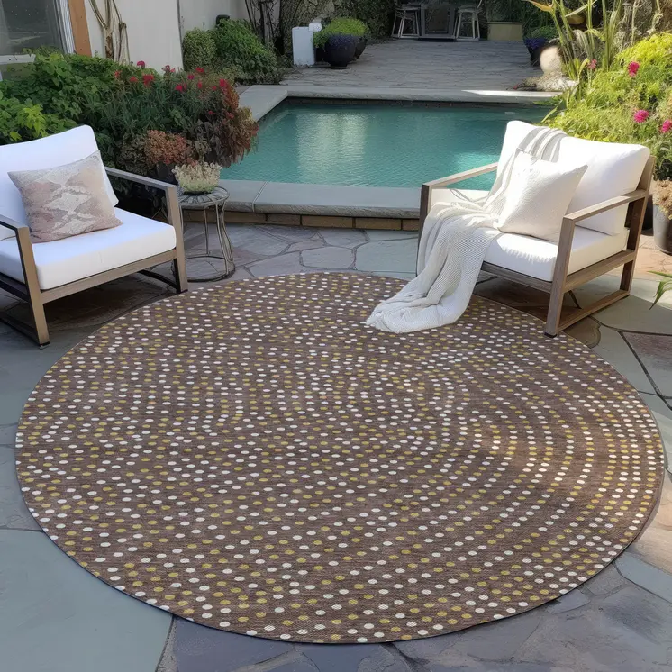 8' Brown Gold And Ivory Round Polka Dot Washable Indoor Outdoor Area Rug