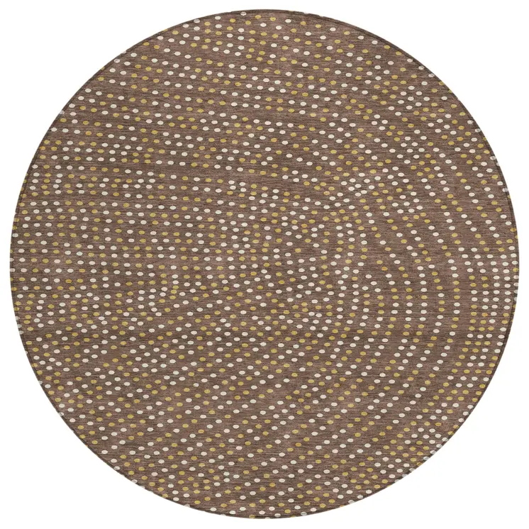 8' Brown Gold And Ivory Round Polka Dot Washable Indoor Outdoor Area Rug