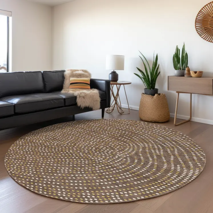 8' Brown Gold And Ivory Round Polka Dot Washable Indoor Outdoor Area Rug